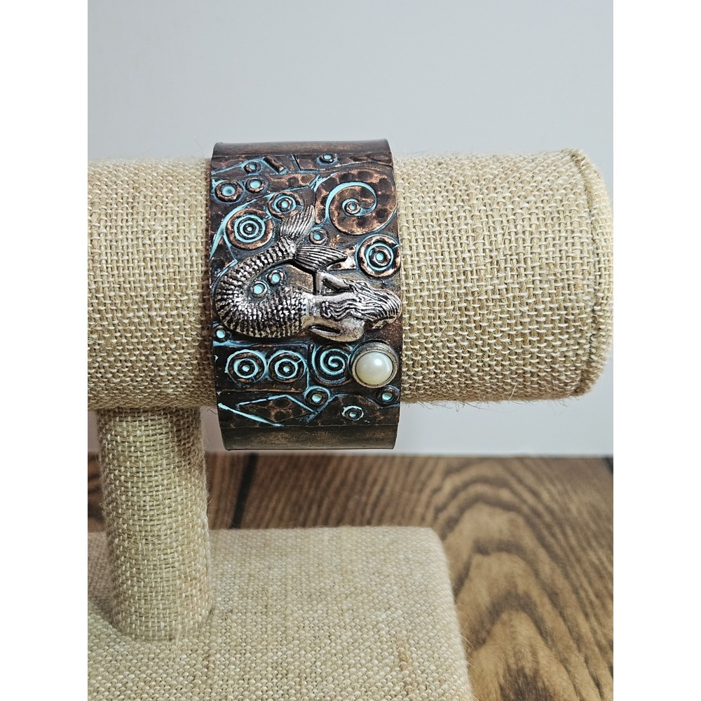 Artisan‎ Copper Patina Mermaid Cuff Bracelet Verdigris Metal Faux Pearl Ocean